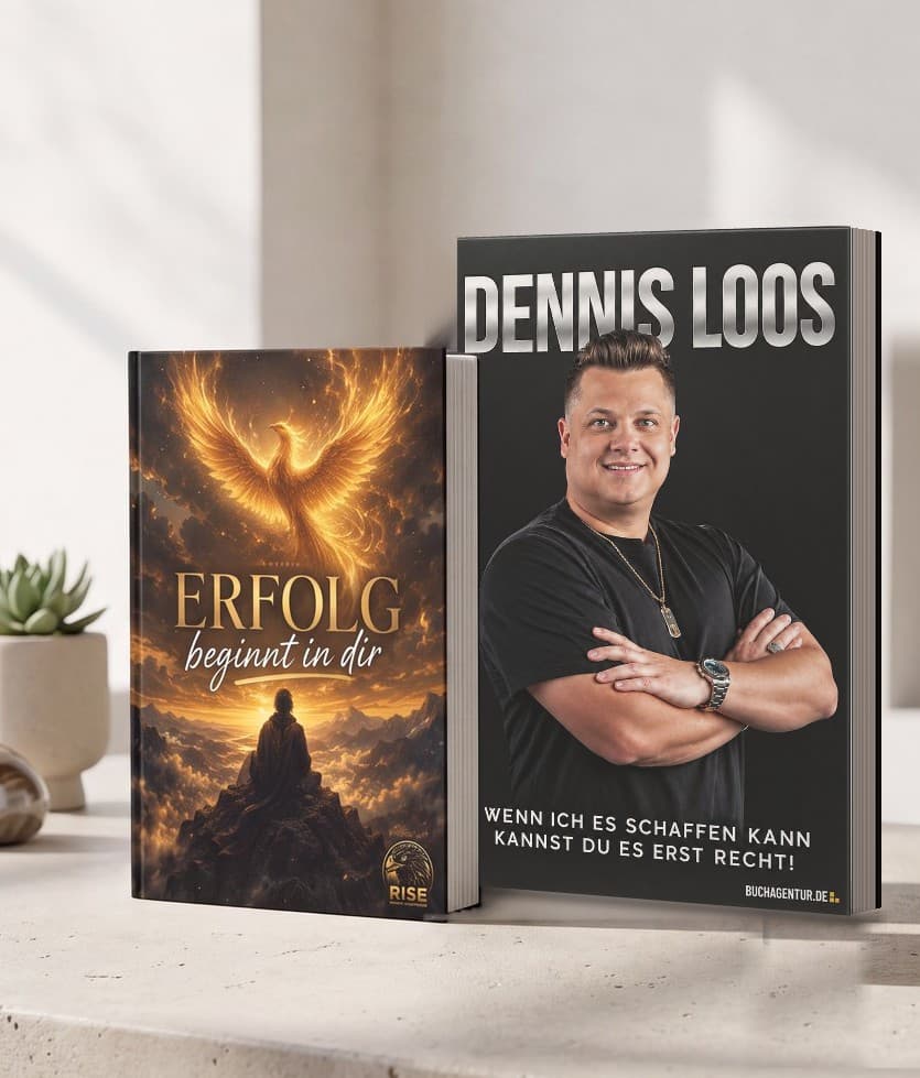 Die zwei RISE-Bücher: „Erfolg beginnt in dir“ und „Die Biografie von Dennis Loos“.
